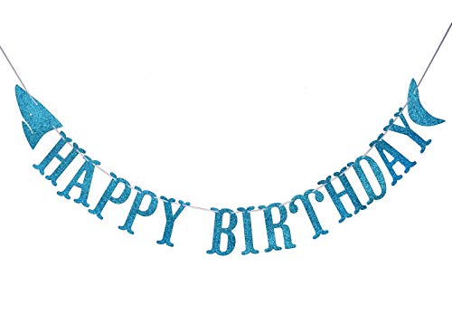 Firefairy Shark Happy Birthday Banner with Matching Garlands - Blue Glitter Cardstock, Pre-Strung 64.8 Inch