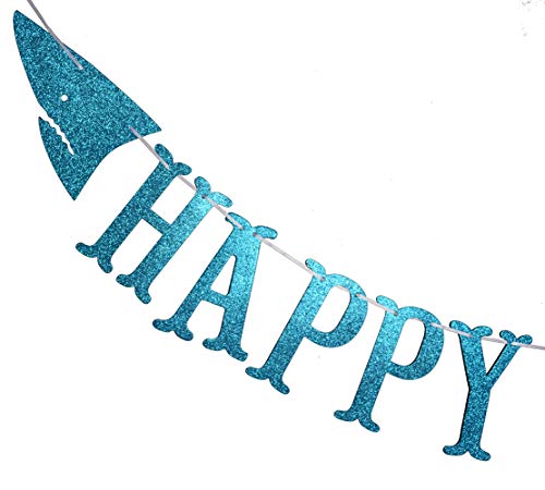 Firefairy Shark Happy Birthday Banner with Matching Garlands - Blue Glitter Cardstock, Pre-Strung 64.8 Inch