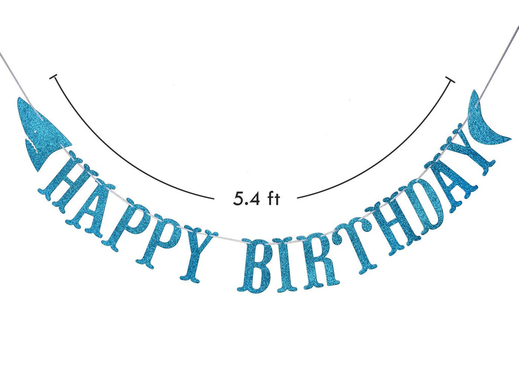 Firefairy Shark Happy Birthday Banner with Matching Garlands - Blue Glitter Cardstock, Pre-Strung 64.8 Inch