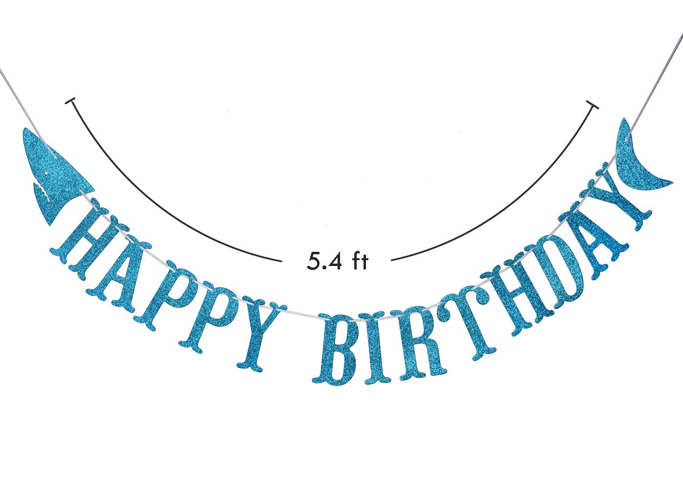 Firefairy Shark Happy Birthday Banner with Matching Garlands - Blue Glitter Cardstock, Pre-Strung 64.8 Inch