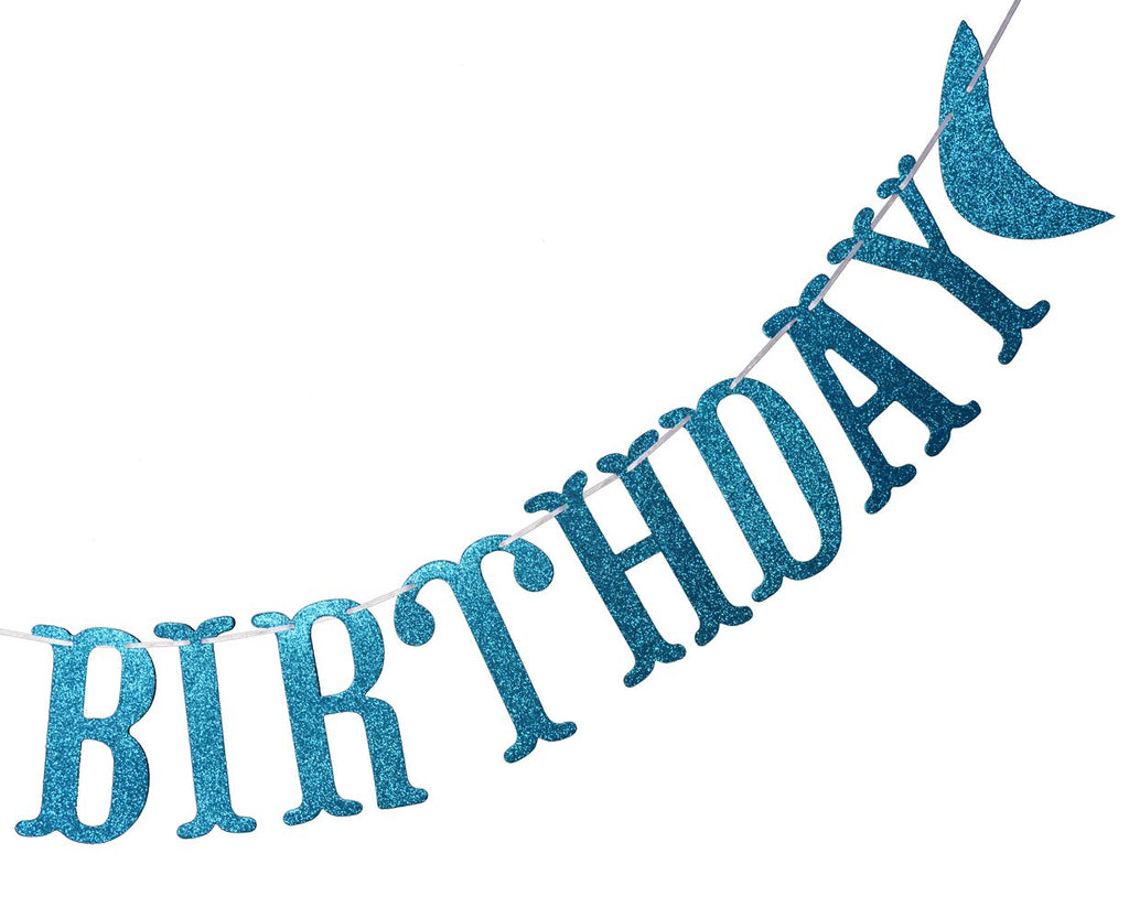 Firefairy Shark Happy Birthday Banner with Matching Garlands - Blue Glitter Cardstock, Pre-Strung 64.8 Inch