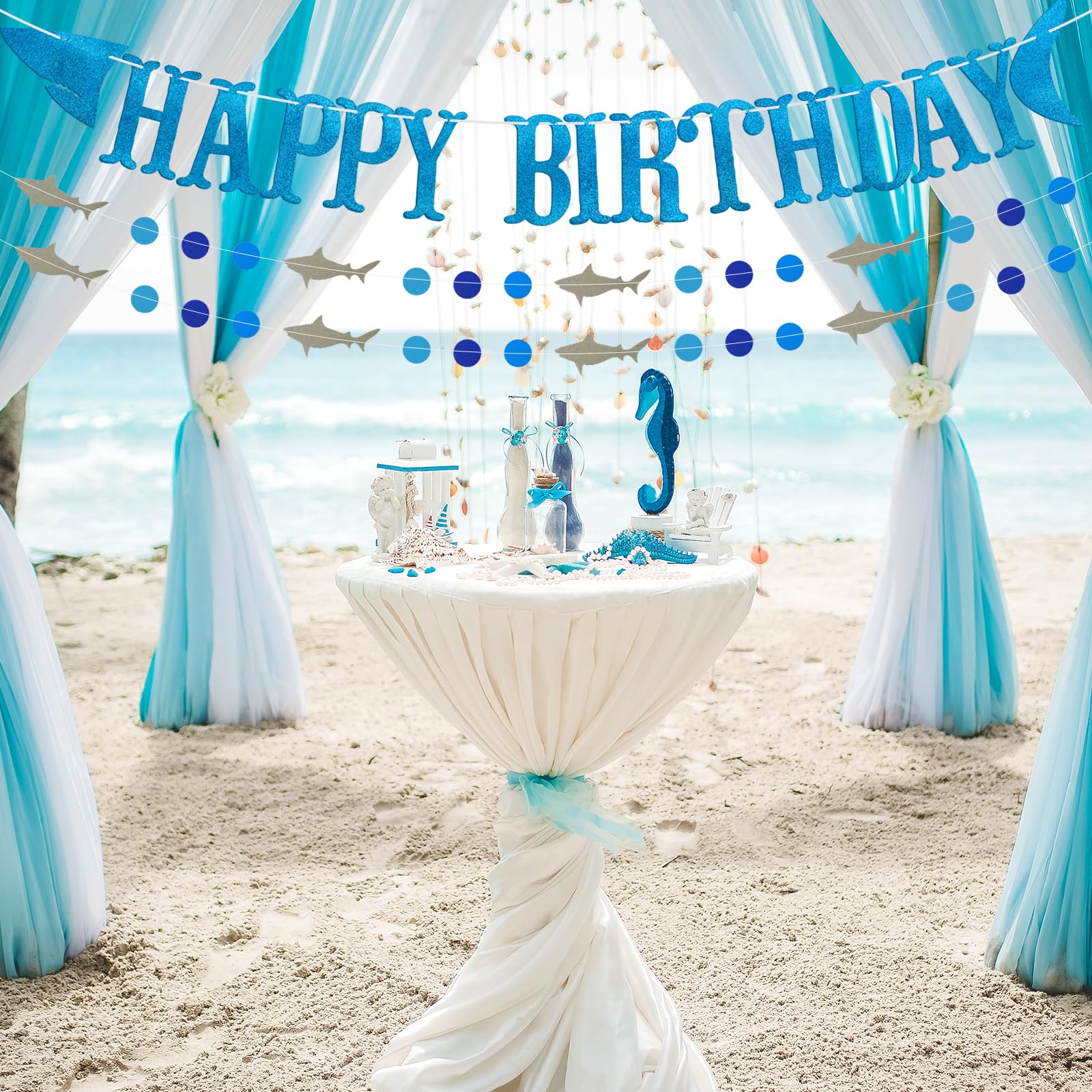 Firefairy Shark Happy Birthday Banner with Matching Garlands - Blue Glitter Cardstock, Pre-Strung 64.8 Inch