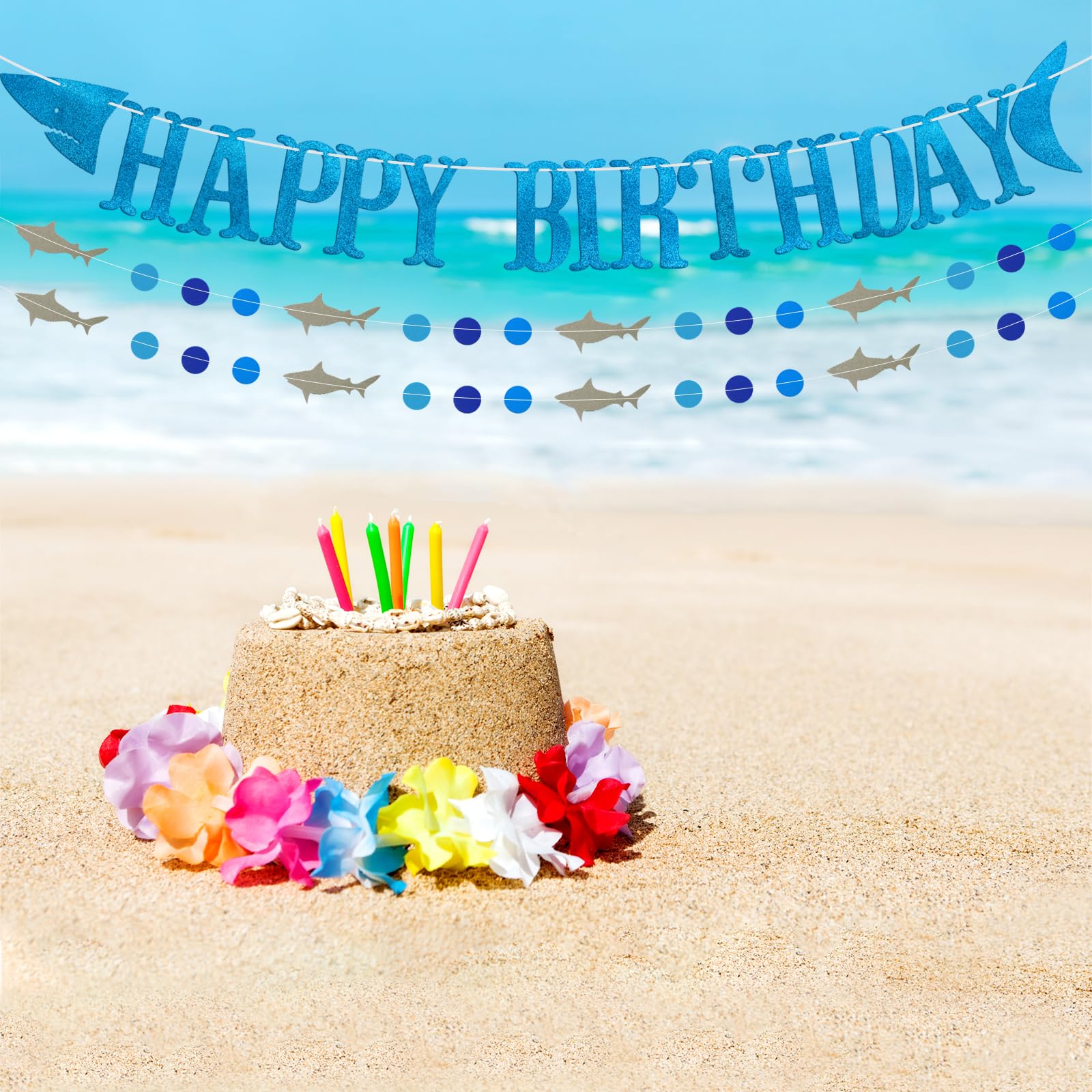 Firefairy Shark Happy Birthday Banner with Matching Garlands - Blue Glitter Cardstock, Pre-Strung 64.8 Inch