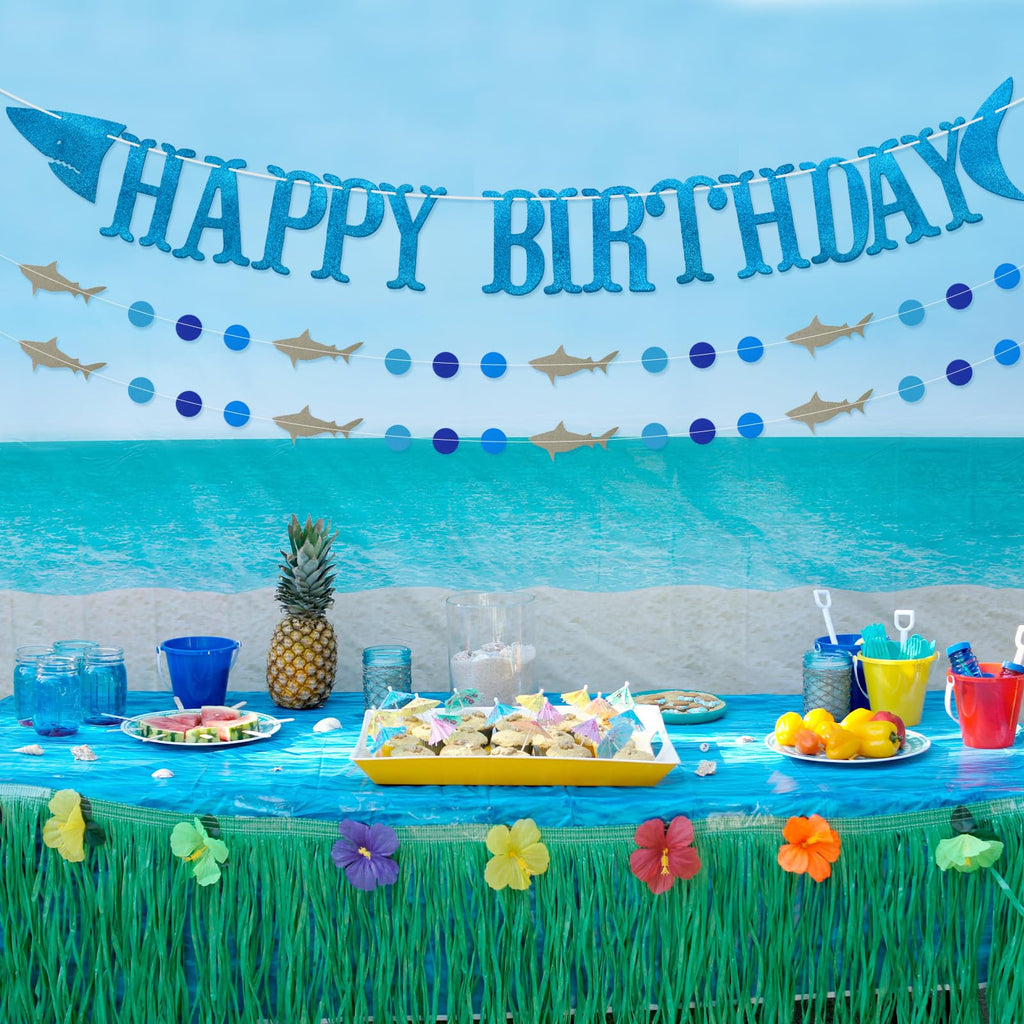 Firefairy Shark Happy Birthday Banner with Matching Garlands - Blue Glitter Cardstock, Pre-Strung 64.8 Inch