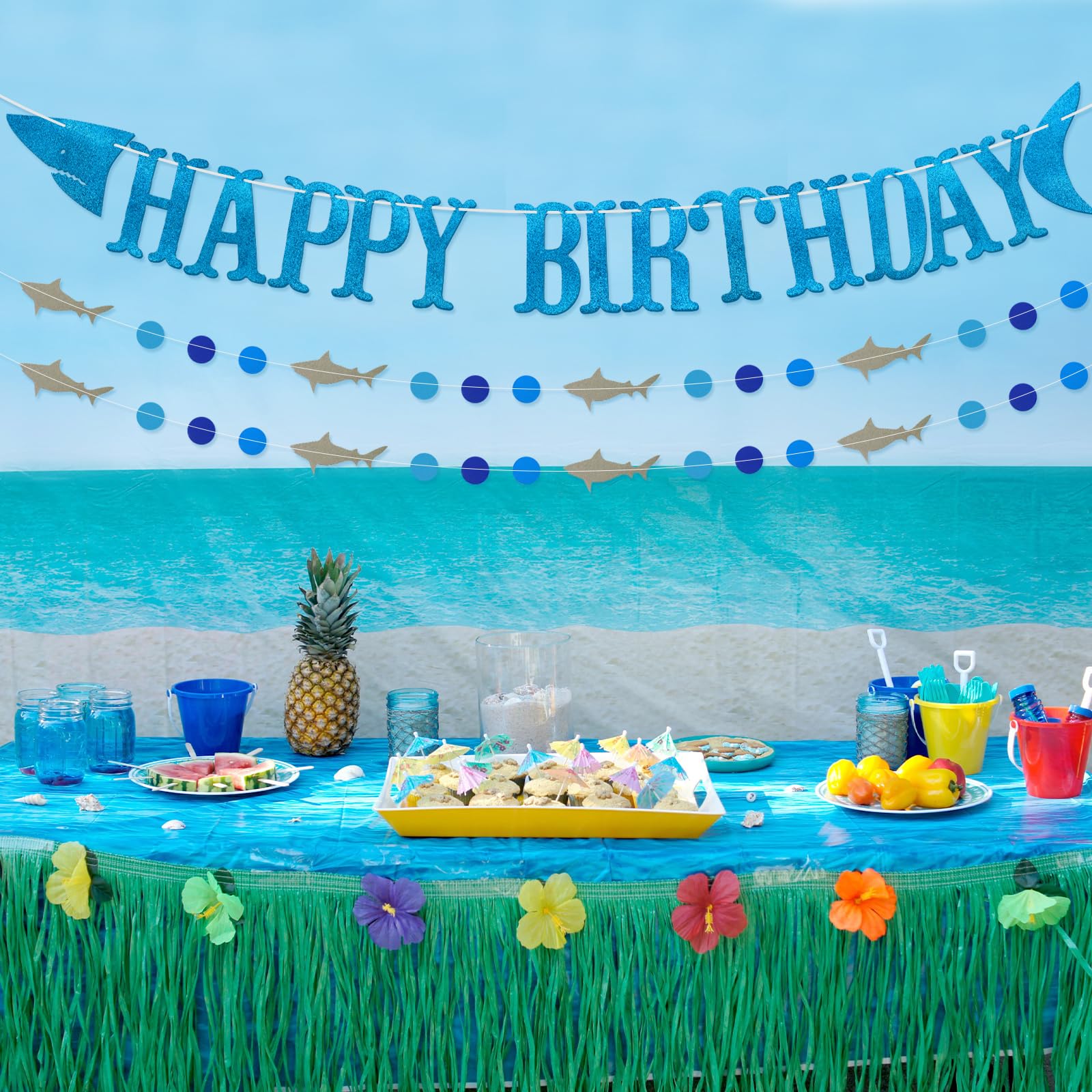 Firefairy Shark Happy Birthday Banner with Matching Garlands - Blue Glitter Cardstock, Pre-Strung 64.8 Inch