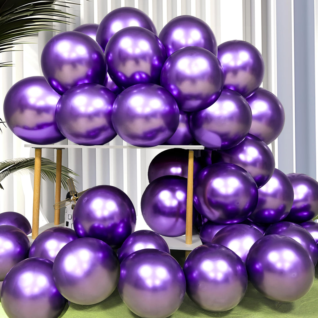 Firomi 12-Inch Metallic Purple Balloons, 100 Pack with Ribbons for Party Decor