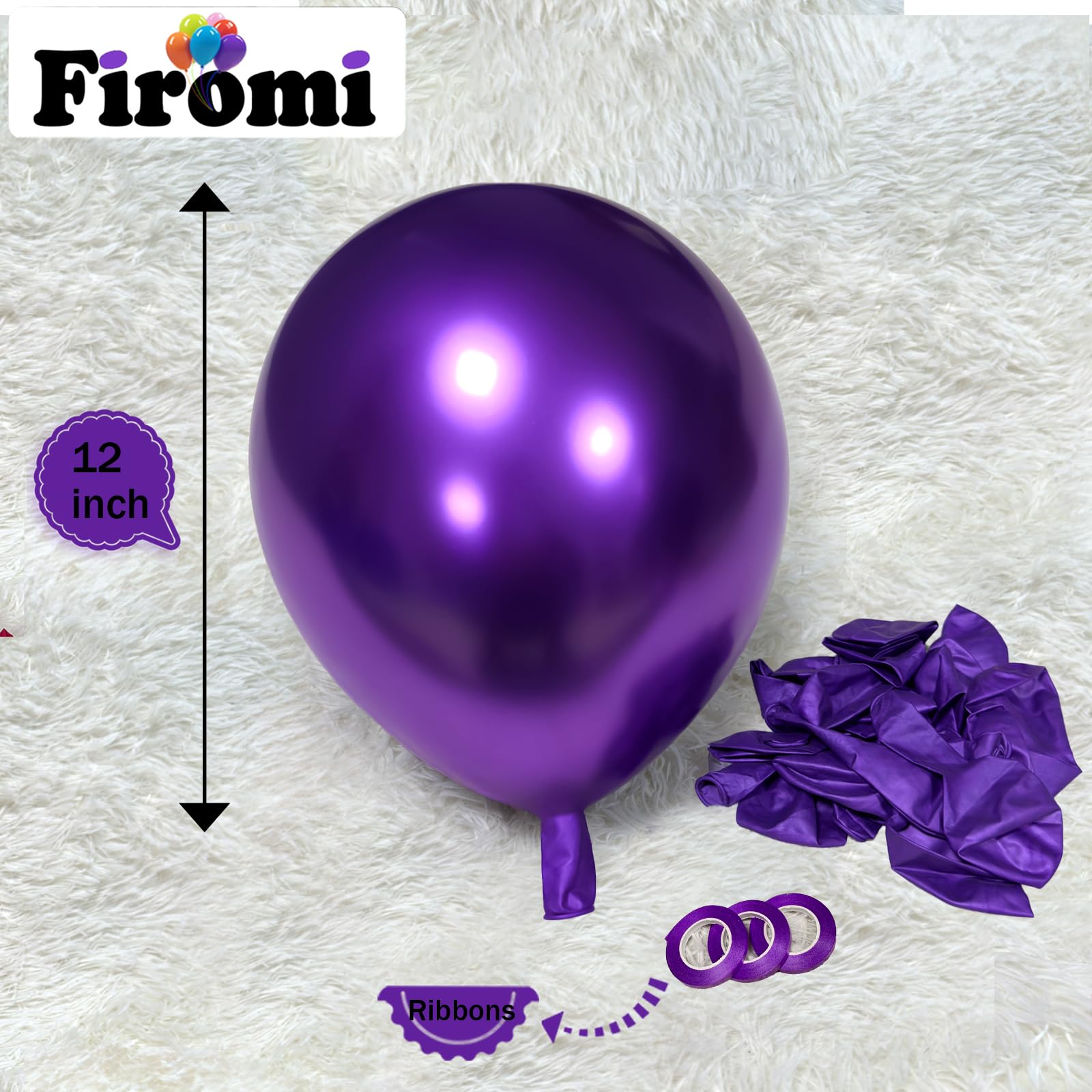 Firomi 12-Inch Metallic Purple Balloons, 100 Pack with Ribbons for Party Decor