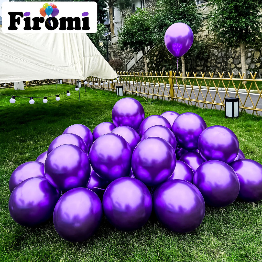 Firomi 12-Inch Metallic Purple Balloons, 100 Pack with Ribbons for Party Decor