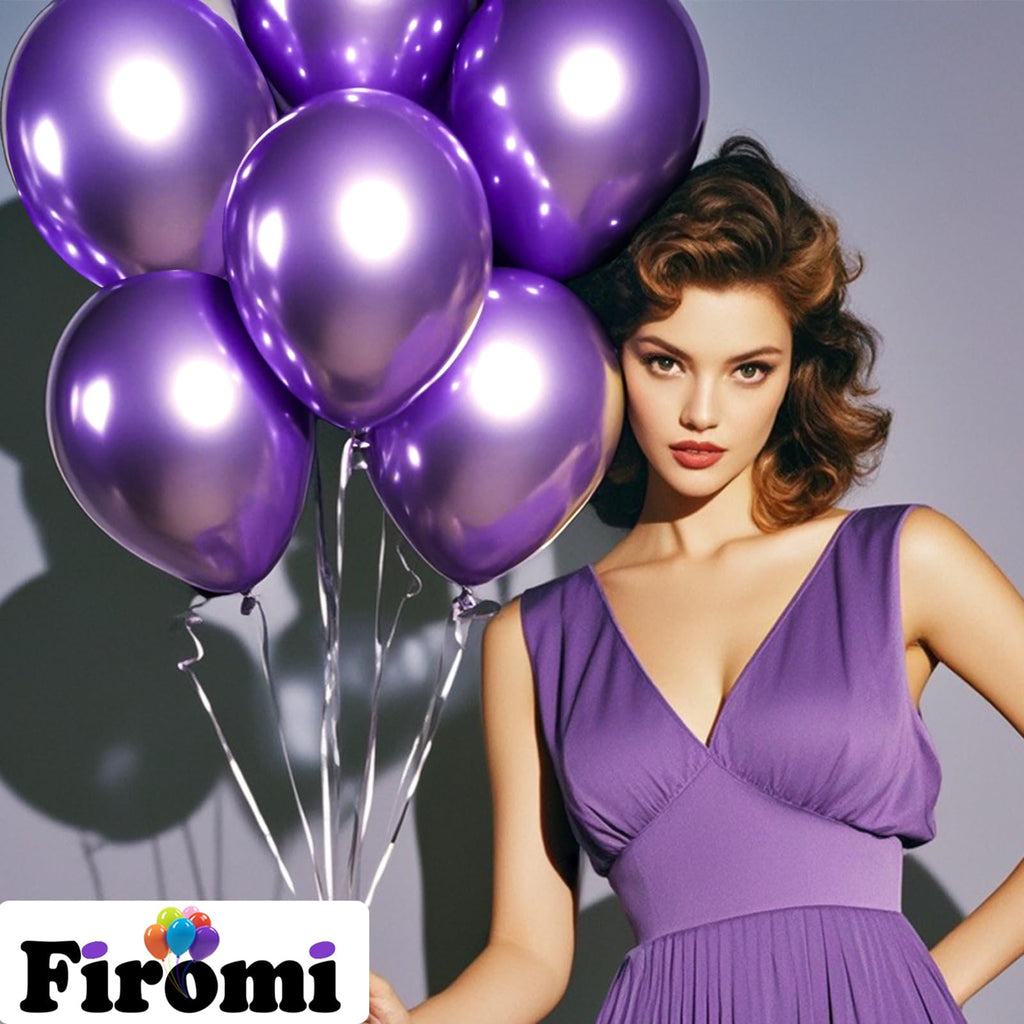 Firomi 12-Inch Metallic Purple Balloons, 100 Pack with Ribbons for Party Decor