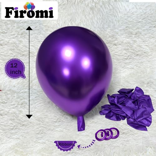 Firomi 12-Inch Metallic Purple Balloons, 100 Pack with Ribbons for Party Decor