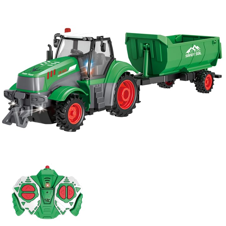 fisca 1/24 Scale RC Tractor Toy Set with 33-Piece Farm Playset - 2.4GHz Remote Control with Lights for Kids Ages 4-7