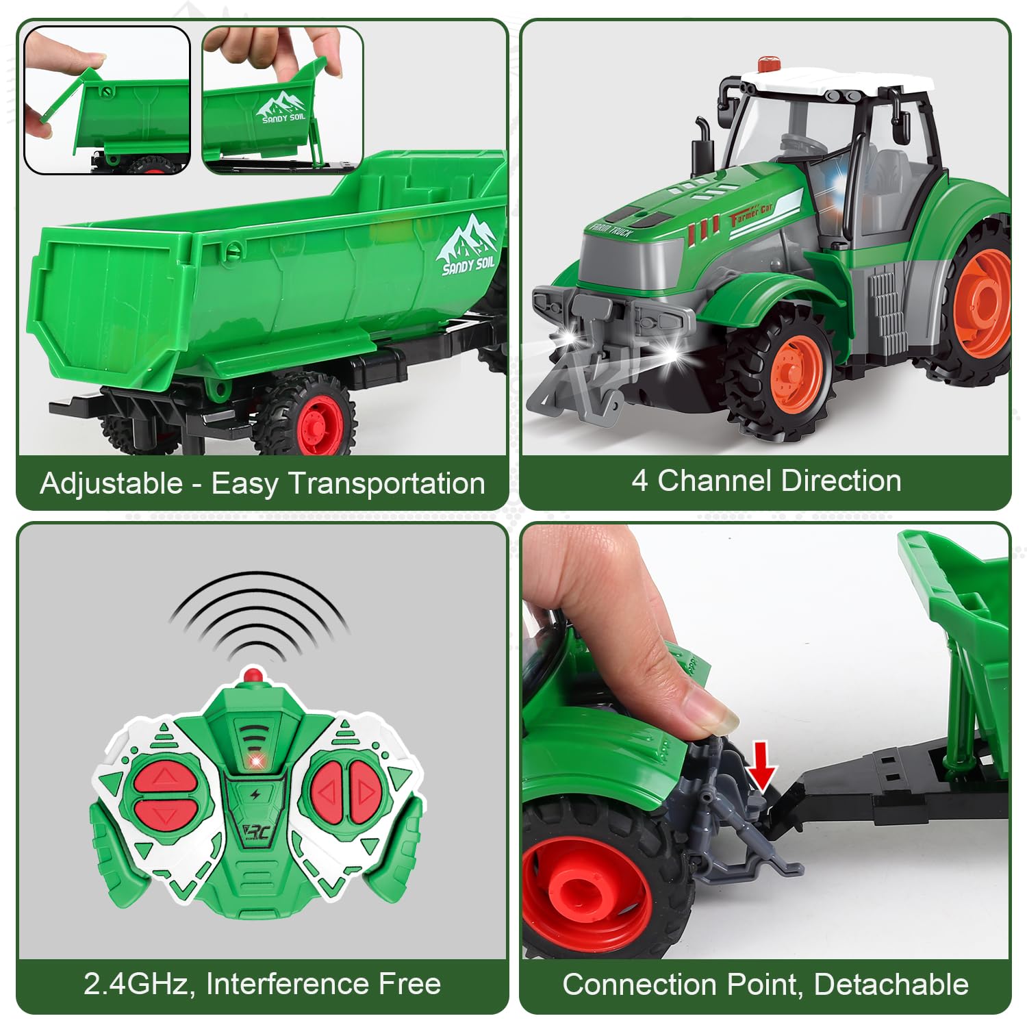 fisca 1/24 Scale RC Tractor Toy Set with 33-Piece Farm Playset - 2.4GHz Remote Control with Lights for Kids Ages 4-7