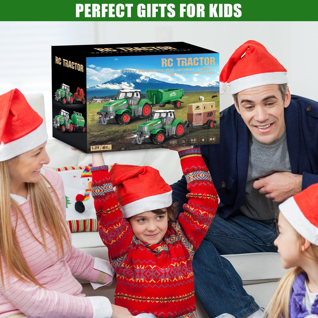 fisca 1/24 Scale RC Tractor Toy Set with 33-Piece Farm Playset - 2.4GHz Remote Control with Lights for Kids Ages 4-7