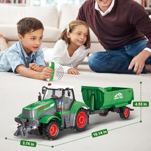 fisca 1/24 Scale RC Tractor Toy Set with 33-Piece Farm Playset - 2.4GHz Remote Control with Lights for Kids Ages 4-7
