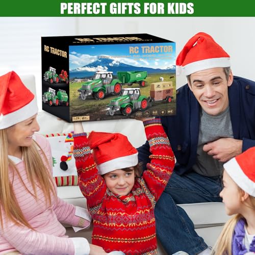 fisca 1/24 Scale RC Tractor Toy Set with 33-Piece Farm Playset - 2.4GHz Remote Control with Lights for Kids Ages 4-7