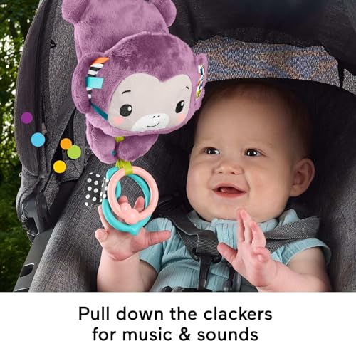 Fisher-Price Sing & Go Purple Monkey Stroller Toy with Crinkle & Clackers for Newborns