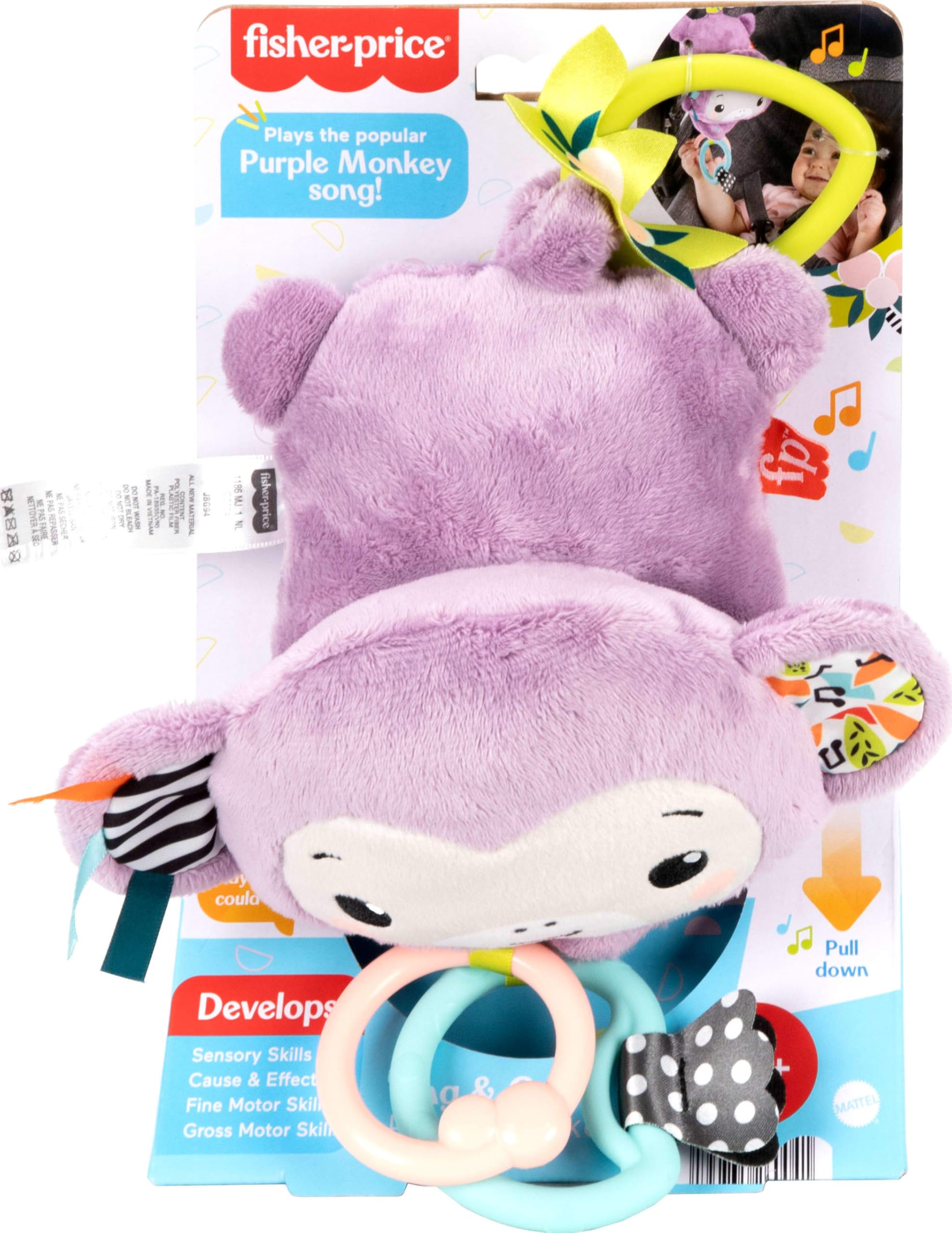 Fisher-Price Sing & Go Purple Monkey Stroller Toy with Crinkle & Clackers for Newborns