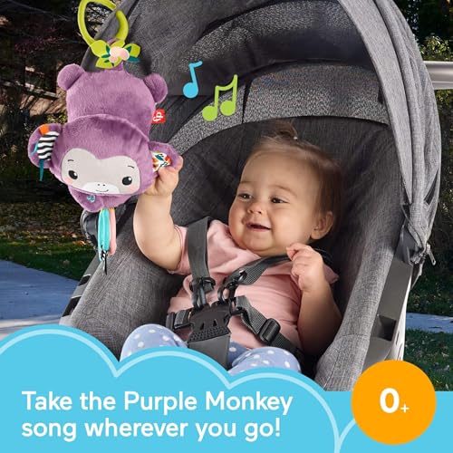 Fisher-Price Sing & Go Purple Monkey Stroller Toy with Crinkle & Clackers for Newborns