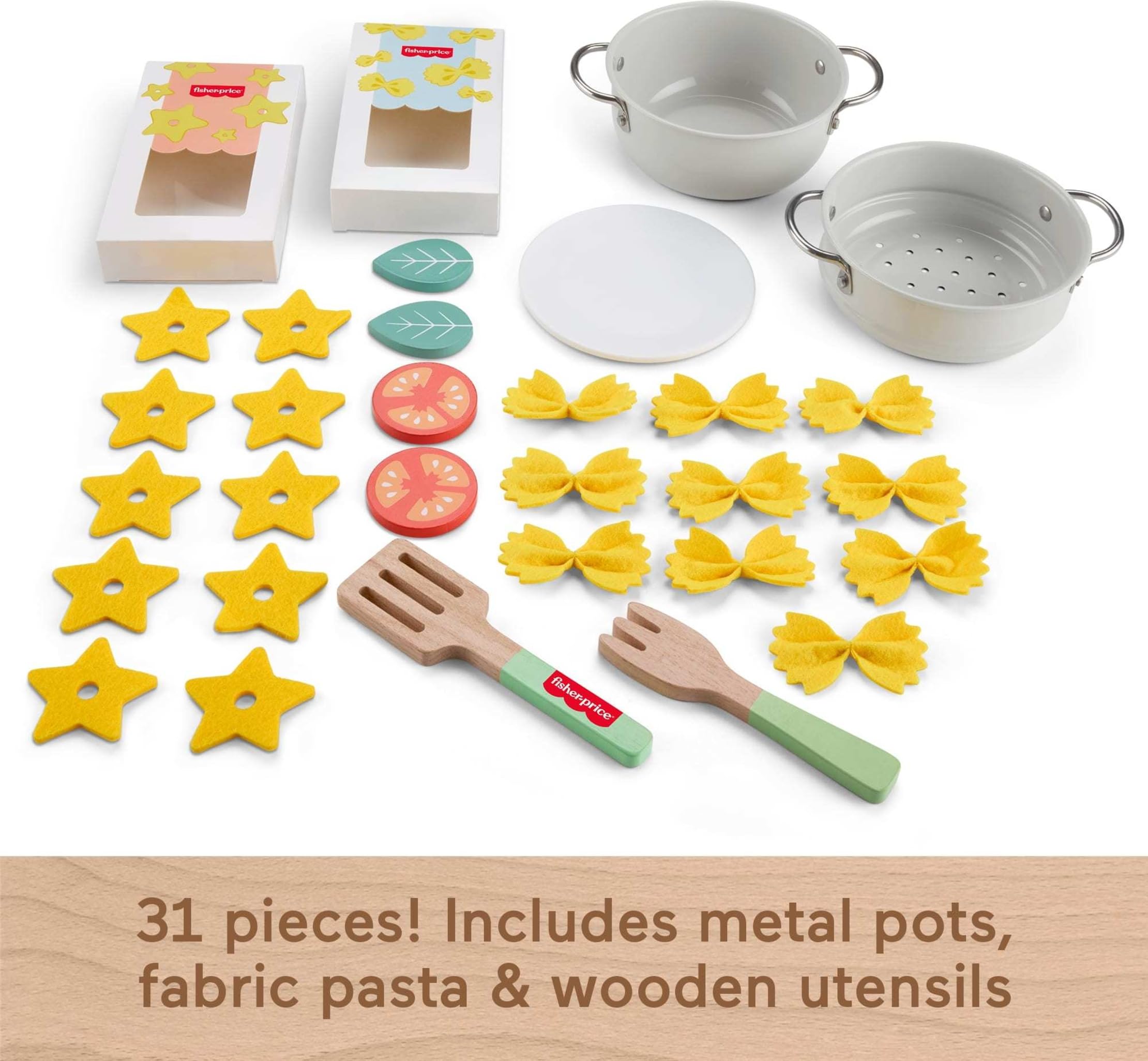 Fisher-Price Wooden Pots & Pasta Chef Set - 31 Pieces of Pretend Play Food & Kitchen Toys for Kids 3+
