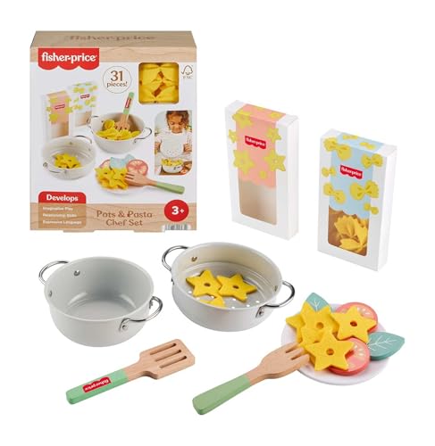 Fisher-Price Wooden Pots & Pasta Chef Set - 31 Pieces of Pretend Play Food & Kitchen Toys for Kids 3+