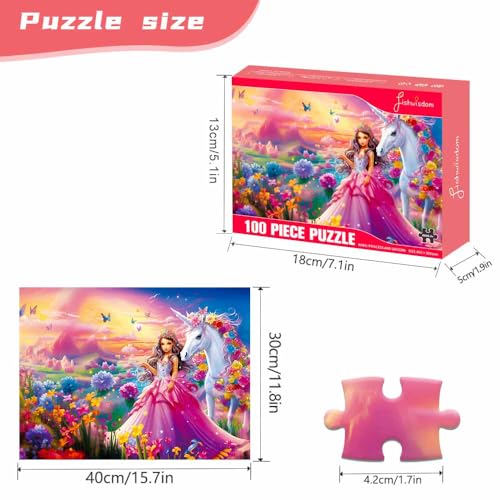 Fishwisdom 100-Piece Princess & Unicorn Jigsaw Puzzle for Kids Ages 4-8 – Eco-Friendly, 15.7x11.8 Inch