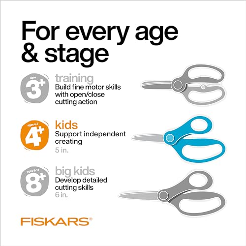 Fiskars 5" Blunt-Tip Scissors for Kids (3-Pack) – Safe, Comfortable Scissors for Ages 4-7, Red/Blue/Turquoise