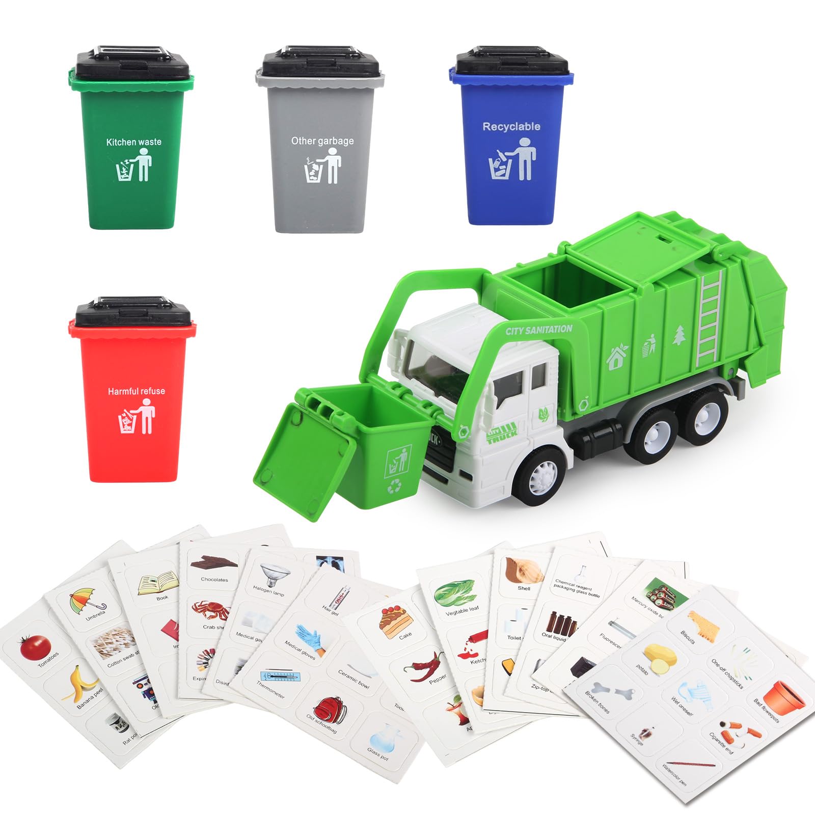 FIVEDAOGANG Small Friction Powered Garbage Truck Toy Set with Front Load Dumpster, 4 Trash Bins, and Learning Cards for Kids
