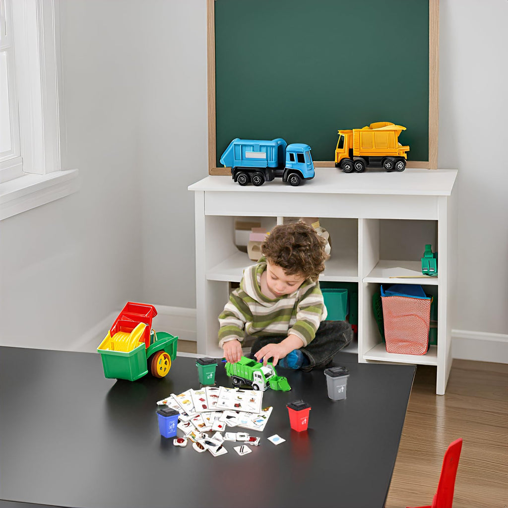 FIVEDAOGANG Small Friction Powered Garbage Truck Toy Set with Front Load Dumpster, 4 Trash Bins, and Learning Cards for Kids