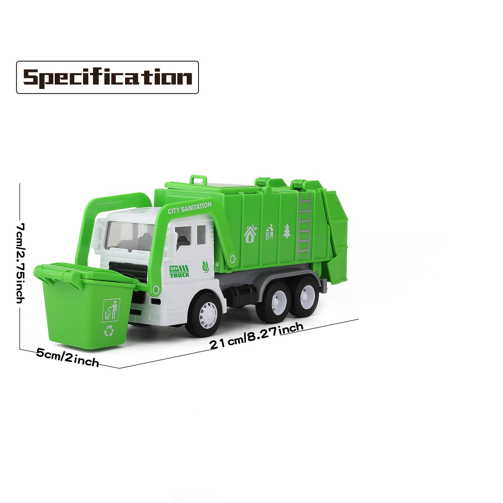 FIVEDAOGANG Small Friction Powered Garbage Truck Toy Set with Front Load Dumpster, 4 Trash Bins, and Learning Cards for Kids