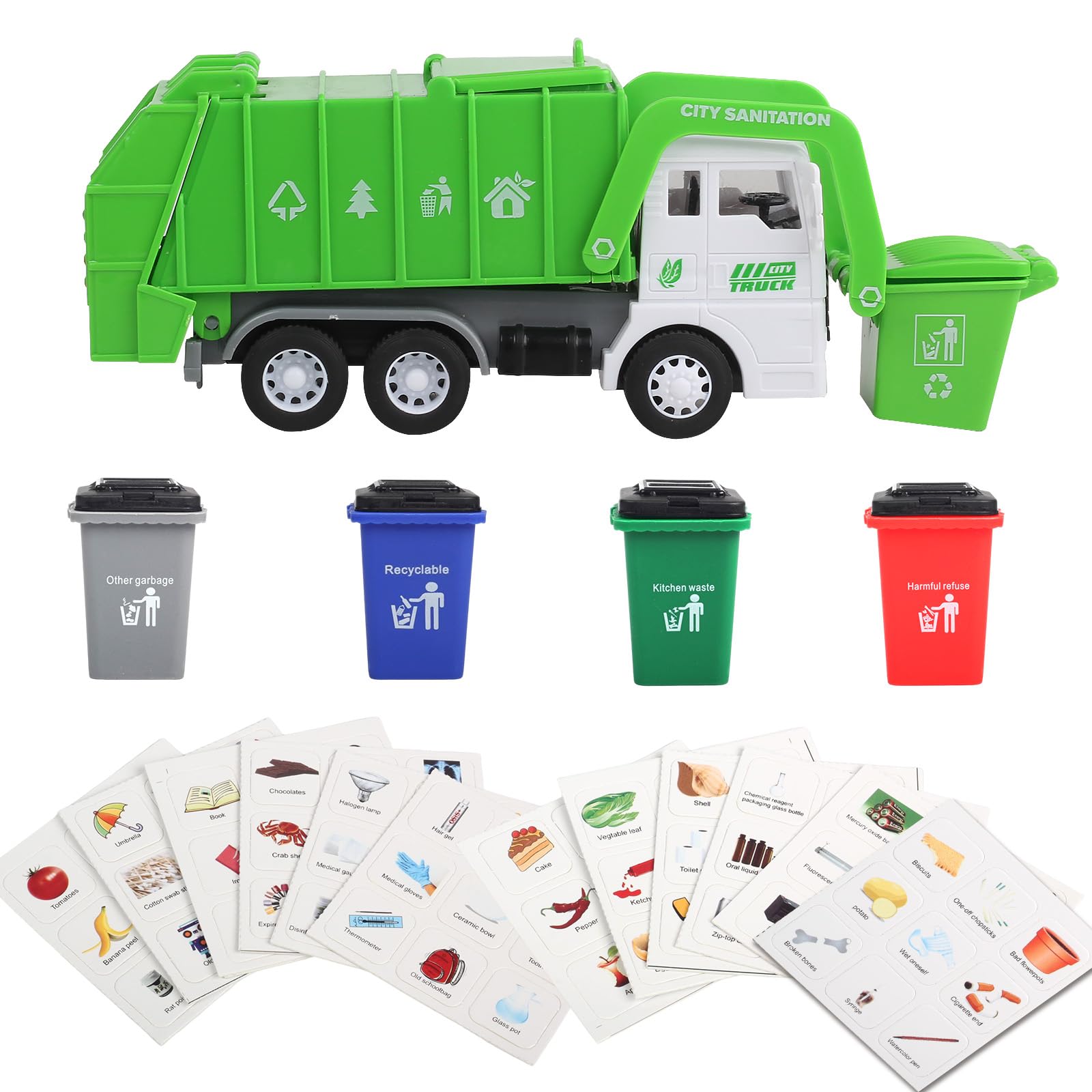 FIVEDAOGANG Small Friction Powered Garbage Truck Toy Set with Front Load Dumpster, 4 Trash Bins, and Learning Cards for Kids