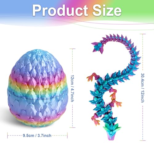 Flavery 12-Inch 3D Printed Gemstone Dragon Egg with Flexible Crystal Dragon Inside – Multicolored Rainbow
