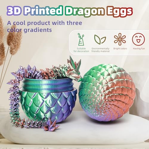 Flavery 3D Printed Dragon in Egg - Green Purple Copper 5.1 Inch Tricolor Egg with Flexible Crystal Dragon, Fidget Toy Desk Pet