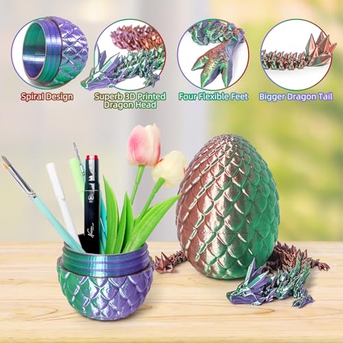 Flavery 3D Printed Dragon in Egg - Green Purple Copper 5.1 Inch Tricolor Egg with Flexible Crystal Dragon, Fidget Toy Desk Pet
