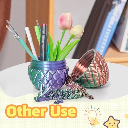 Flavery 3D Printed Dragon in Egg - Green Purple Copper 5.1 Inch Tricolor Egg with Flexible Crystal Dragon, Fidget Toy Desk Pet