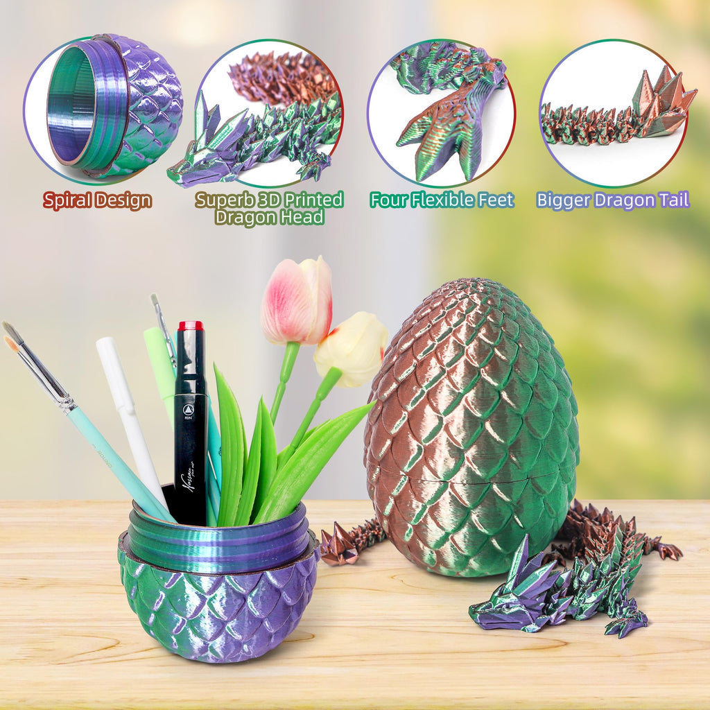 Flavery 3D Printed Dragon in Egg - Green Purple Copper 5.1 Inch Tricolor Egg with Flexible Crystal Dragon, Fidget Toy Desk Pet