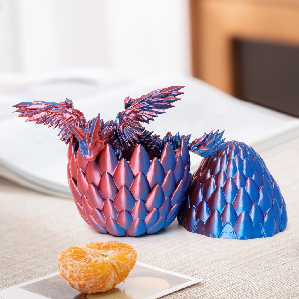 Flavery 3D Printed Flying Dragon in Egg - Red and Blue Mix - Articulated Flexible Winged Dragon Surprise Figure, Fidget Toy, Desk Decor