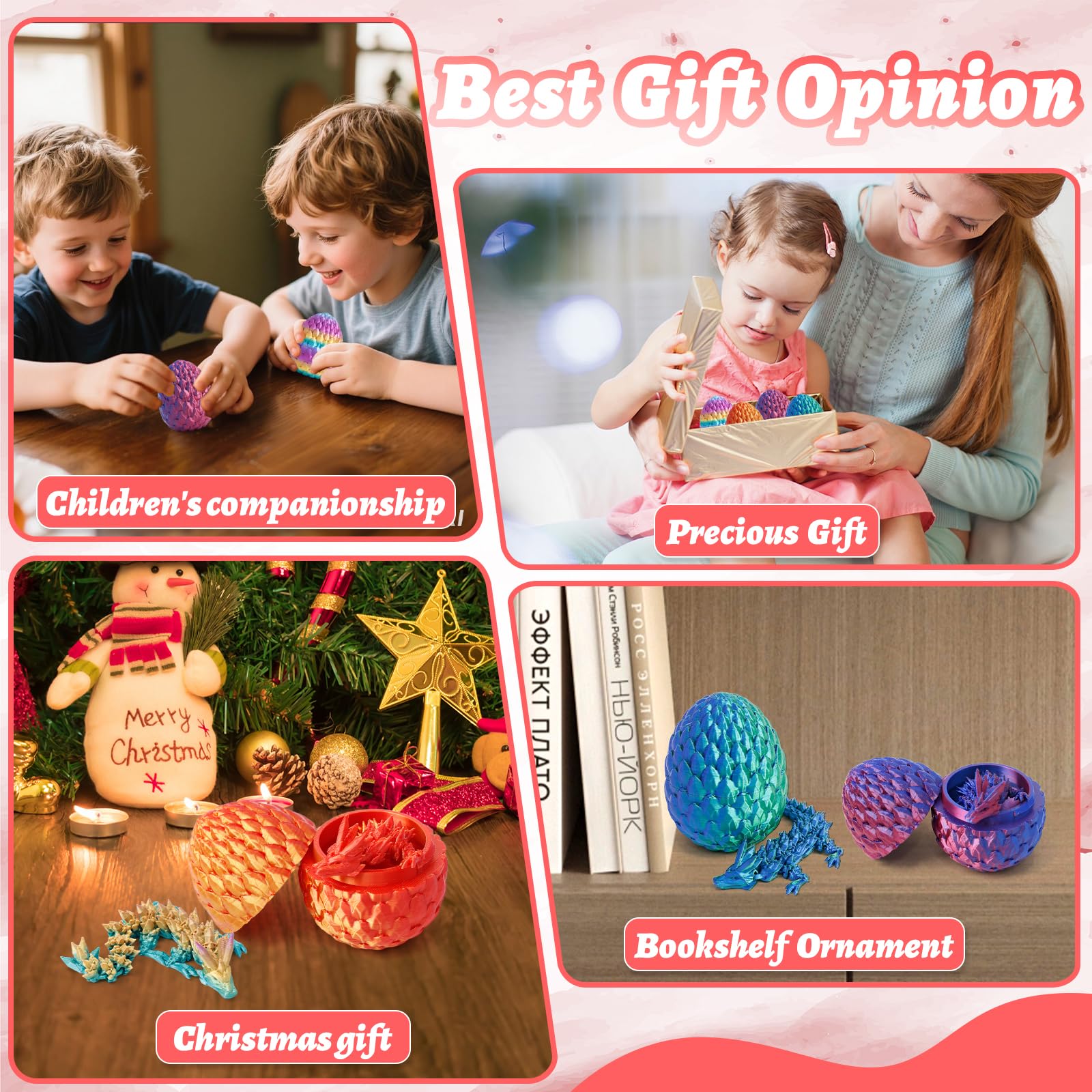 Flavery 4-Pack 3D Printed Dragon in Egg – Mini Gemstone Eggs with Flexible Crystal Dragons, Desk Pet Fidget Toy