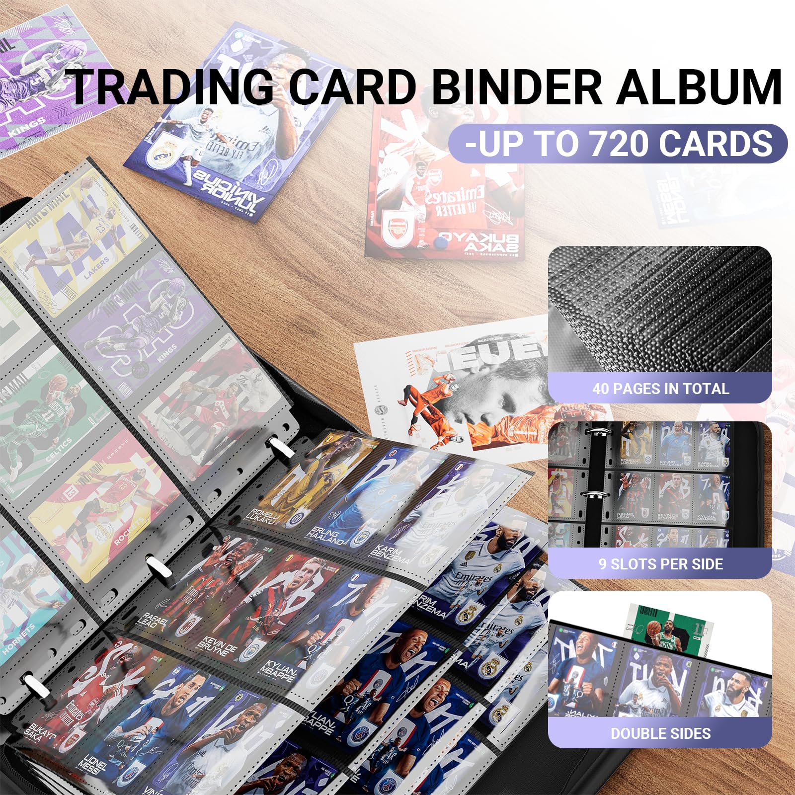 FLEKKO 720-Card PU Leather Binder - 9 Pocket 40 Pages, Water-Resistant Black Trading Card Album for MTG, Sports Cards