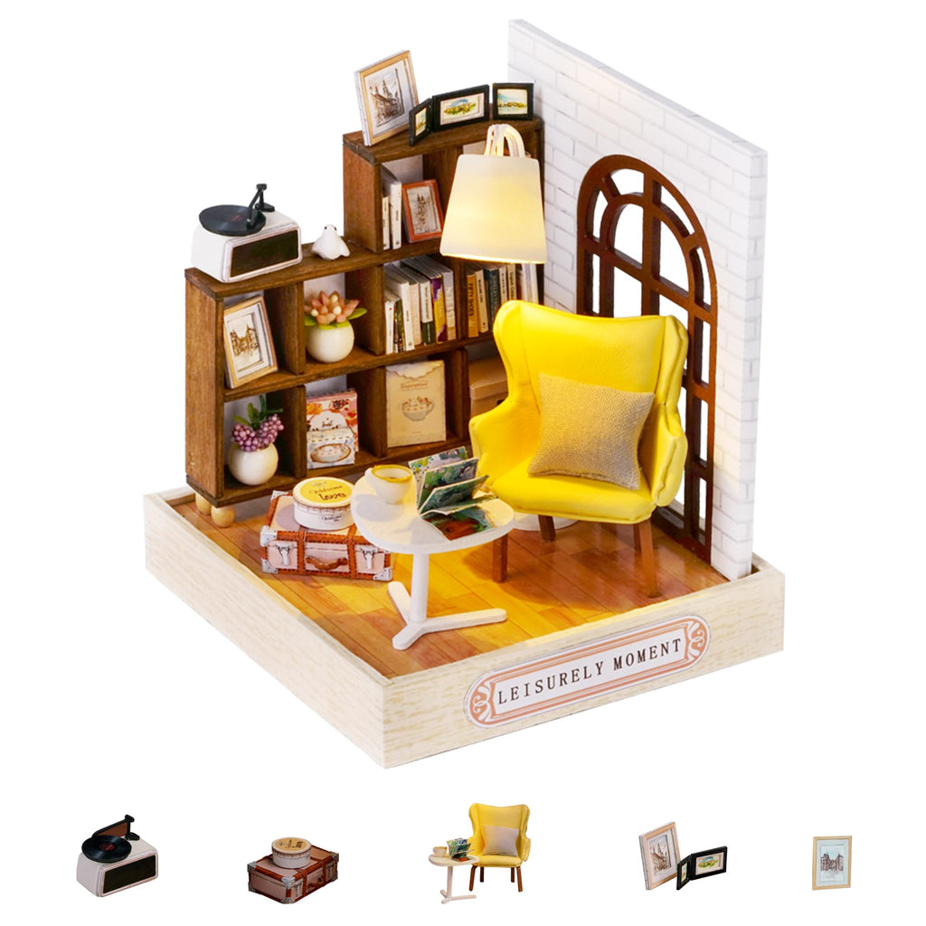 Flever Dollhouse Miniature DIY Kit - Leisurely Moment, 1:32 Scale with LED Lights & Music