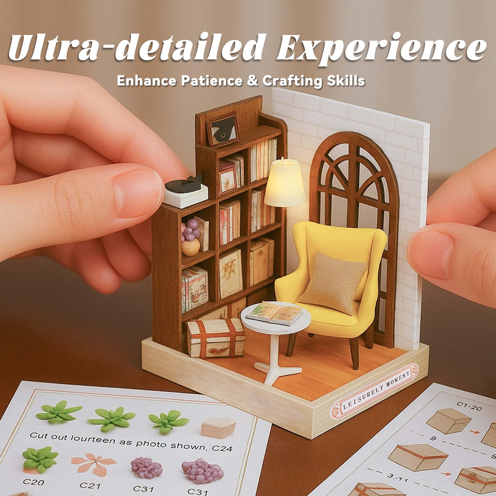 Flever Dollhouse Miniature DIY Kit - Leisurely Moment, 1:32 Scale with LED Lights & Music