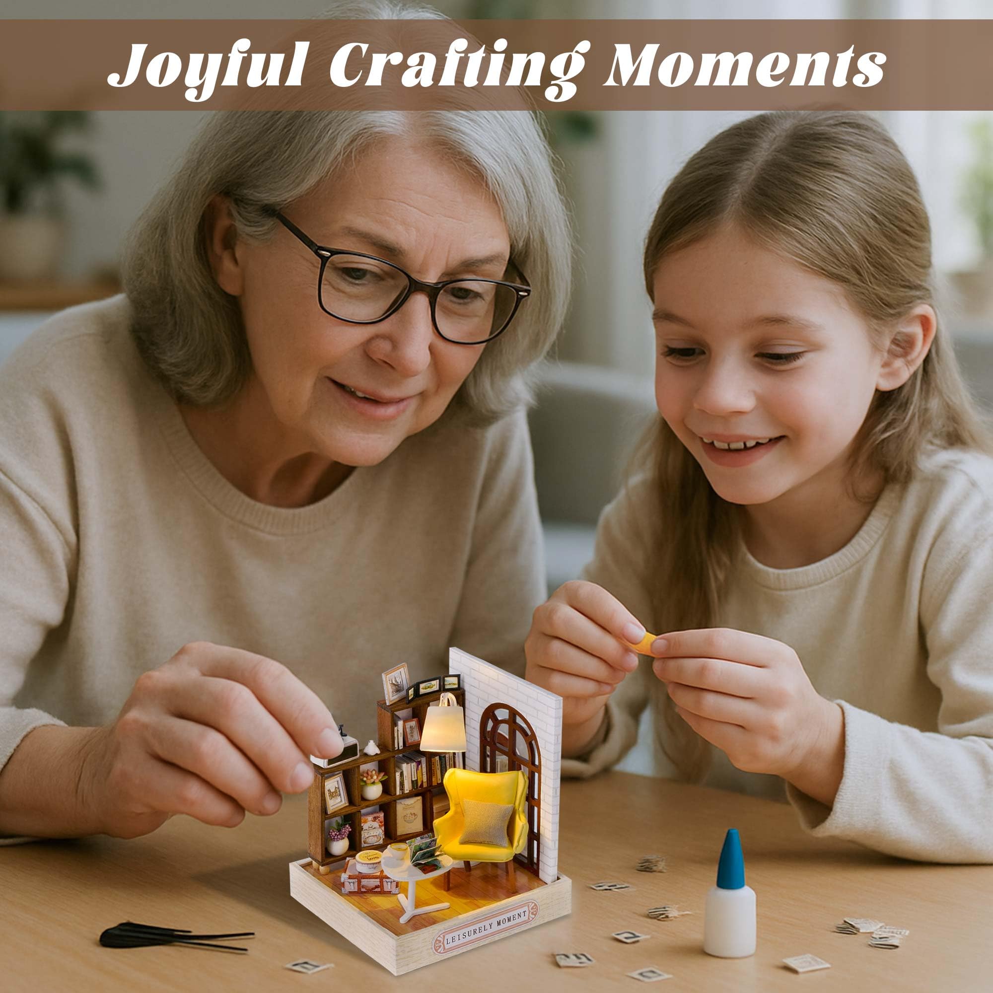Flever Dollhouse Miniature DIY Kit - Leisurely Moment, 1:32 Scale with LED Lights & Music