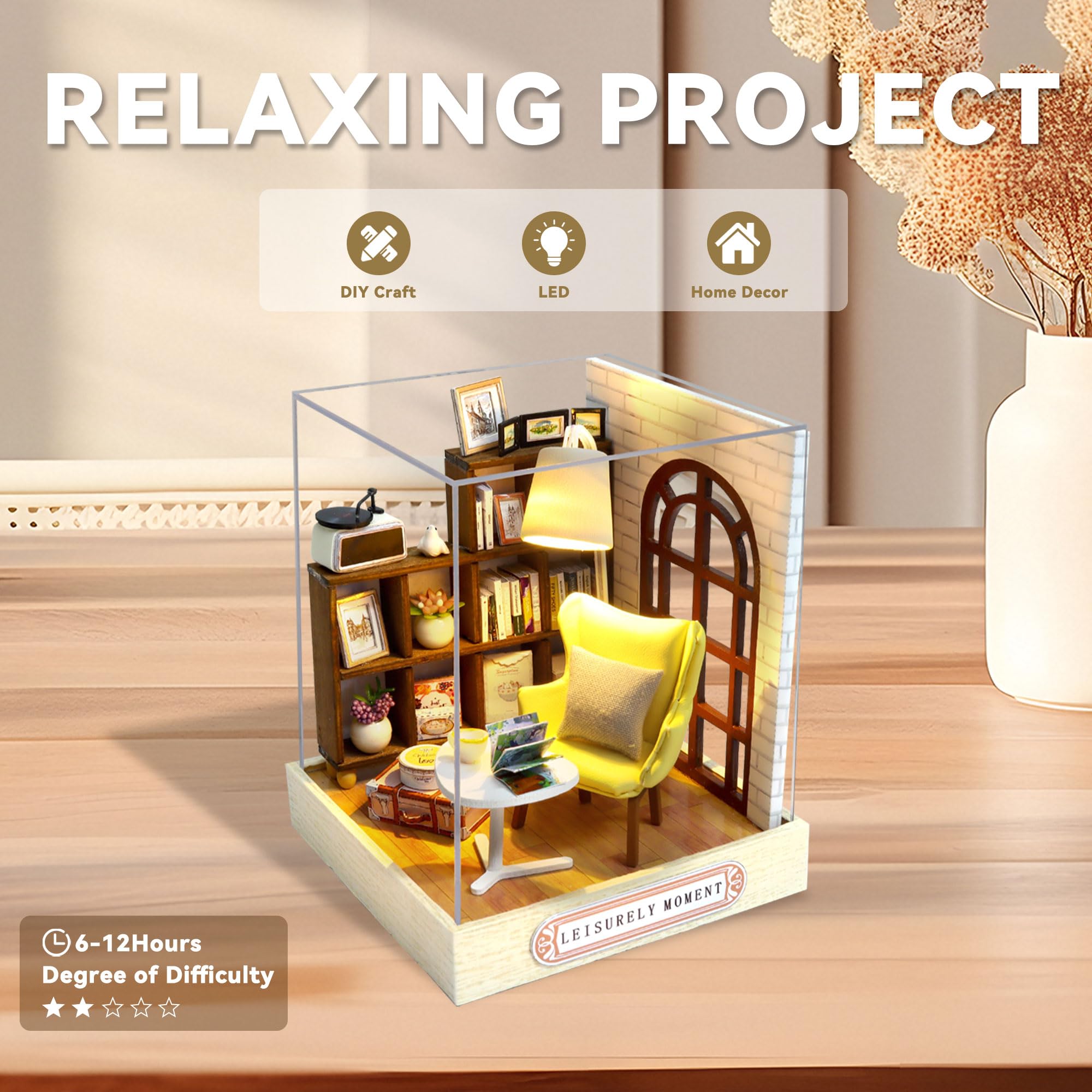 Flever Dollhouse Miniature DIY Kit - Leisurely Moment, 1:32 Scale with LED Lights & Music