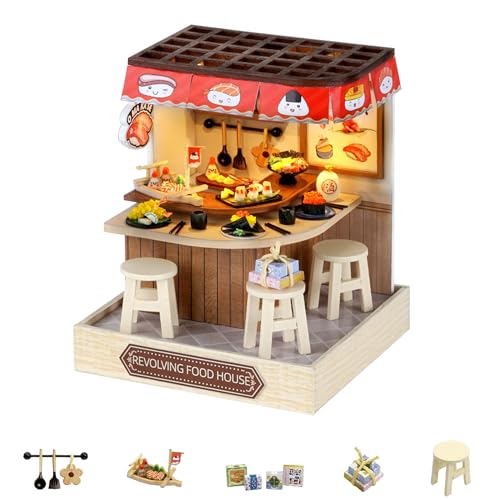 Flever Miniature DIY Dollhouse Kit - Revolving Food House, 1:32 Scale with LED Lighting, 3.5x3.5x4.5 Inch Finished Size