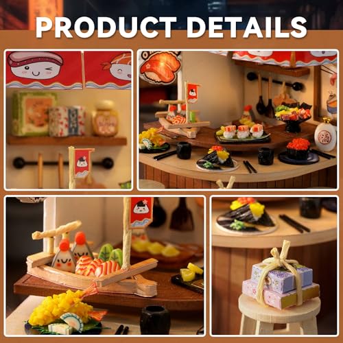 Flever Miniature DIY Dollhouse Kit - Revolving Food House, 1:32 Scale with LED Lighting, 3.5x3.5x4.5 Inch Finished Size