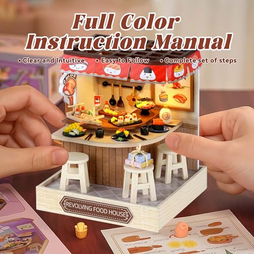 Flever Miniature DIY Dollhouse Kit - Revolving Food House, 1:32 Scale with LED Lighting, 3.5x3.5x4.5 Inch Finished Size