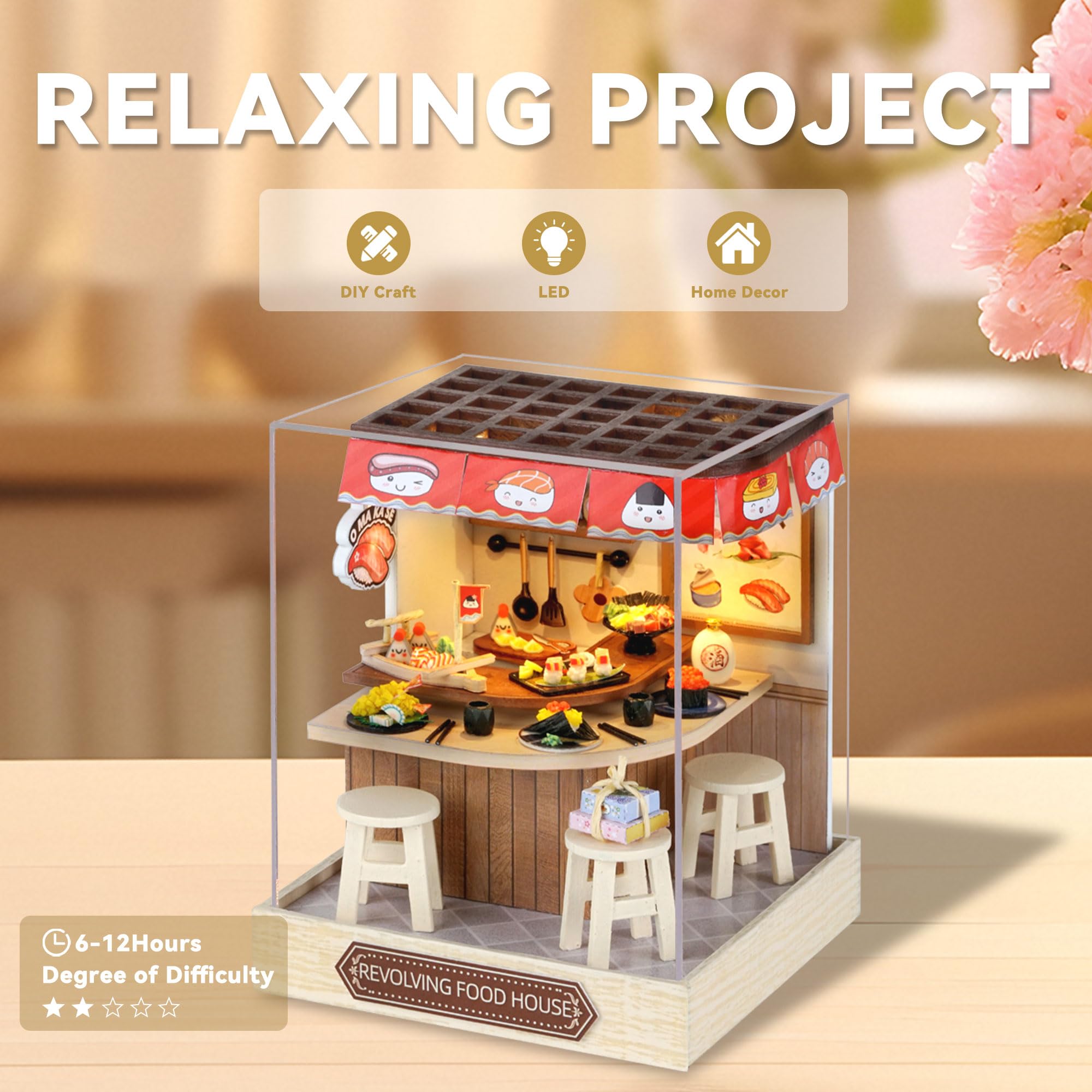 Flever Miniature DIY Dollhouse Kit - Revolving Food House, 1:32 Scale with LED Lighting, 3.5x3.5x4.5 Inch Finished Size