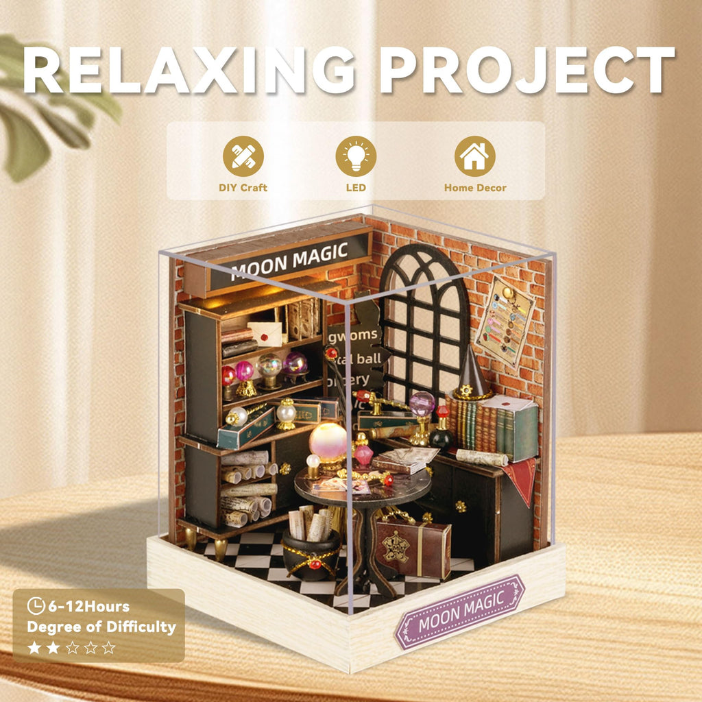 Flever Moon Magic Dollhouse Miniature DIY Kit – 1:32 Scale Creative Room with Furniture, LED Lights, and Plexiglass Cover