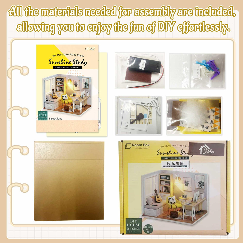 Flever Sunny Study Dollhouse Miniature DIY Kit - 1:32 Scale Creative Room with Furniture