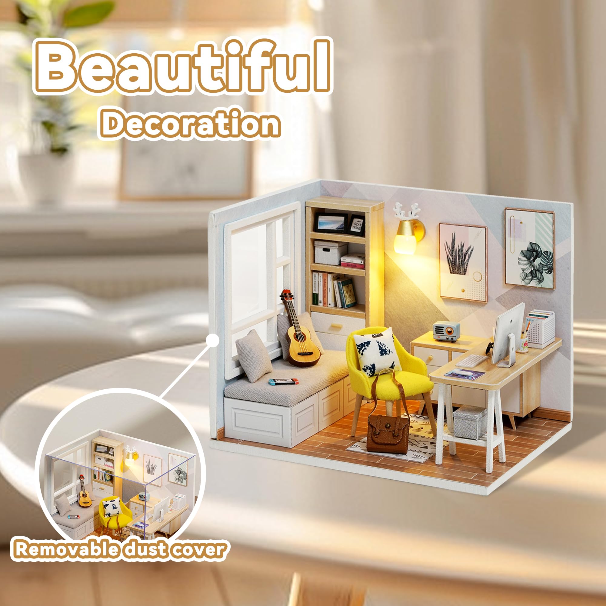 Flever Sunny Study Dollhouse Miniature DIY Kit - 1:32 Scale Creative Room with Furniture