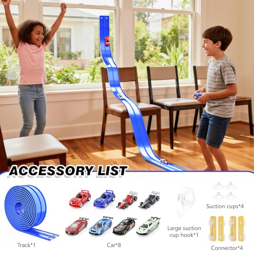 Flexible 15-Foot Race Track with Suction Cups – Compatible with Hot Wheels & 1/64 Cars, Includes 8 Toy Cars for Kids Ages 3+
